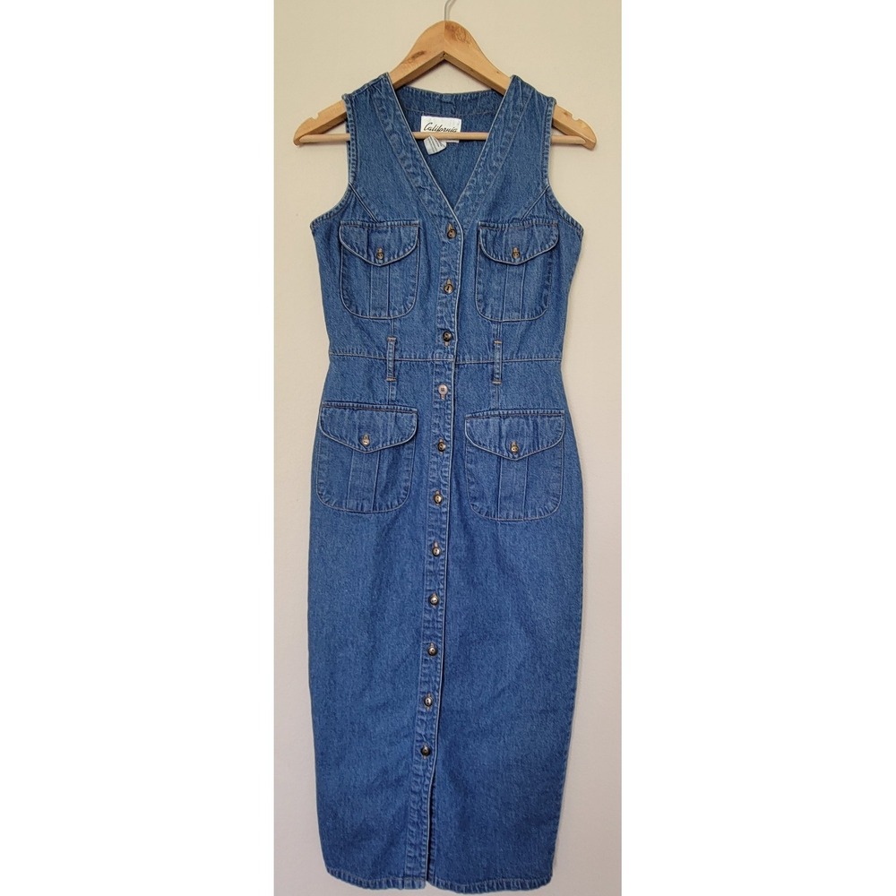 Vtg CA Gold Rush Womens Button Down Midi Denim Dress Size S 90s Y2K Grunge READ